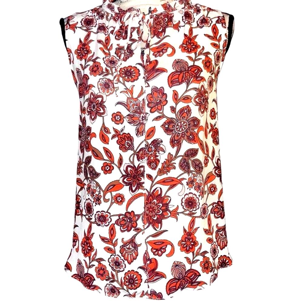 LOFT Womens Small Sleeveless‎ Ruffle Neck Tie Floral Paisley Blouse White Red